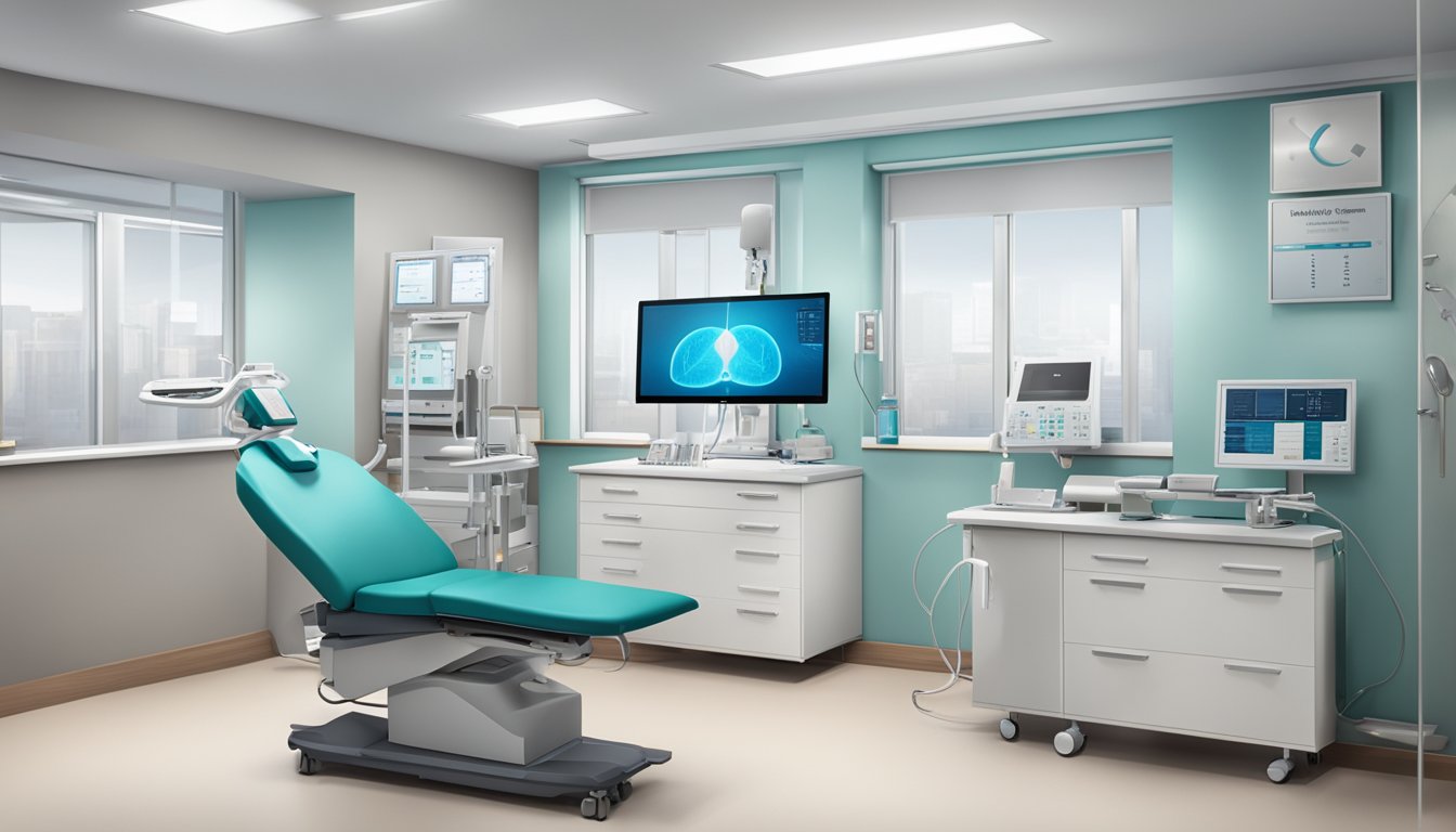A modern, sleek medical office with the name "The Harley Street Heart & Vascular Centre" prominently displayed. Medical equipment and a professional atmosphere