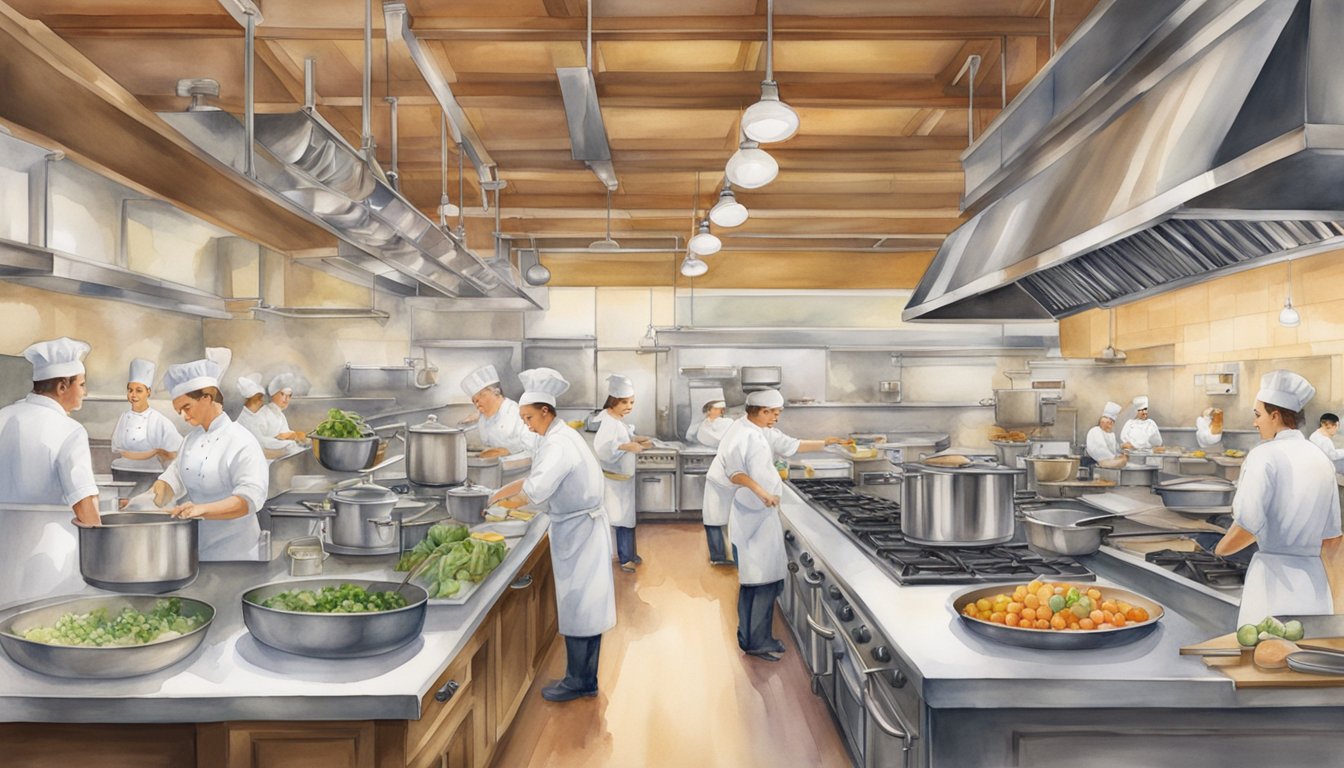 A bustling kitchen at the Culinary Institute of America, with chefs focused on their cooking stations, surrounded by pots, pans, and fresh ingredients