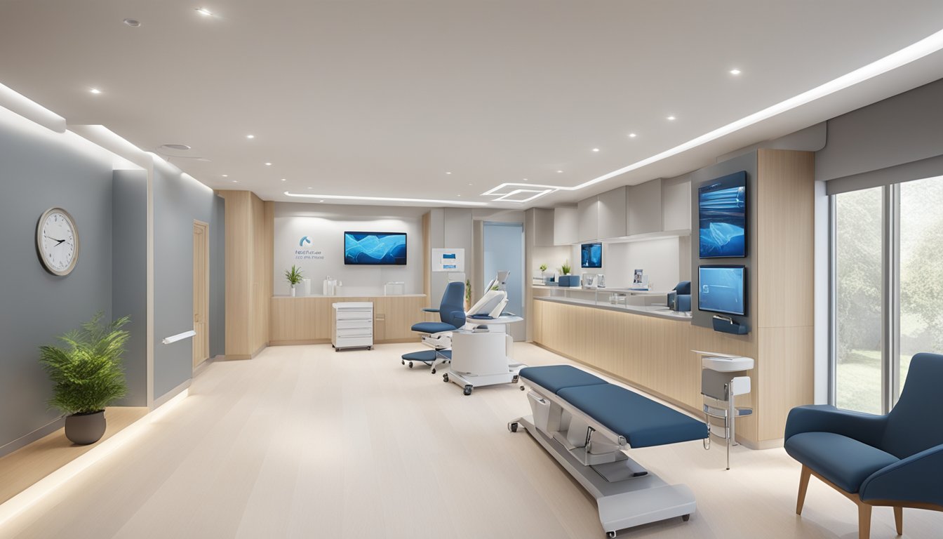 A modern, sleek clinic with state-of-the-art equipment and a calming atmosphere. The logo of The Harley Street Heart & Vascular Centre is prominently displayed, conveying professionalism and expertise