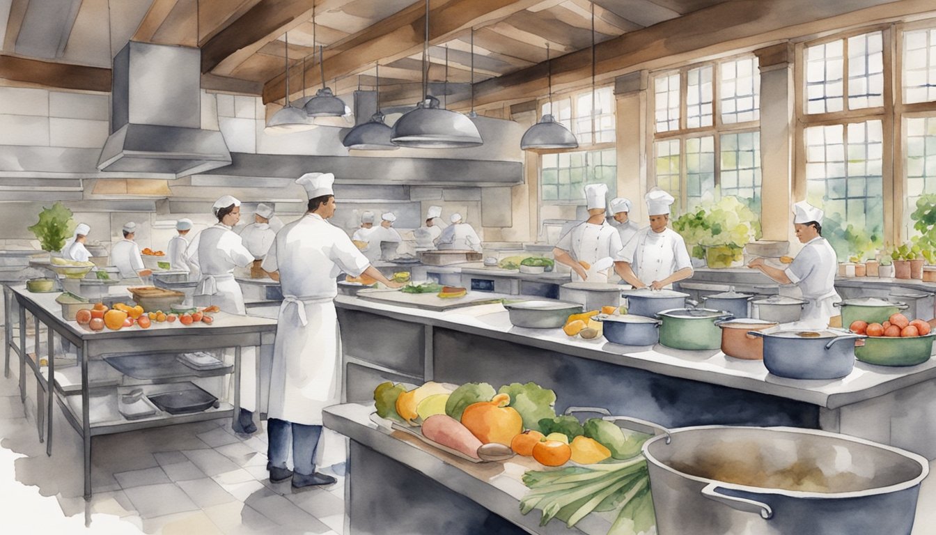 A bustling French Culinary Institute kitchen with chefs at work, surrounded by pots, pans, and fresh ingredients