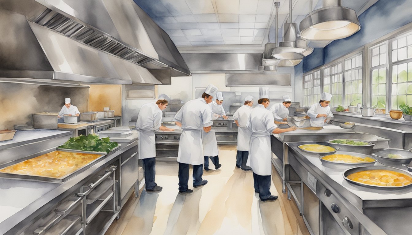 A bustling kitchen at New England Culinary Institute, with chefs working at various stations, creating delicious dishes with precision and skill