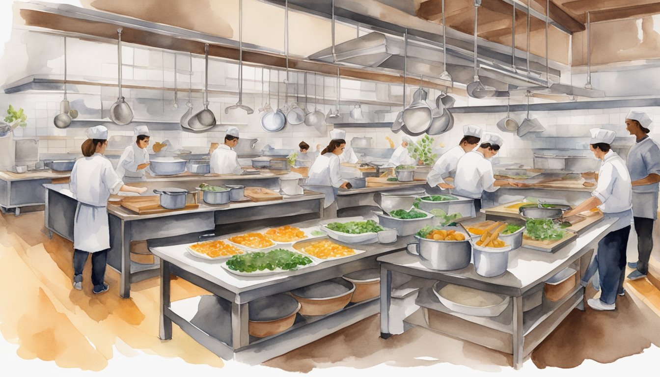 A bustling kitchen classroom at the Institute of Culinary Education, with students working diligently at their stations, surrounded by pots, pans, and fresh ingredients