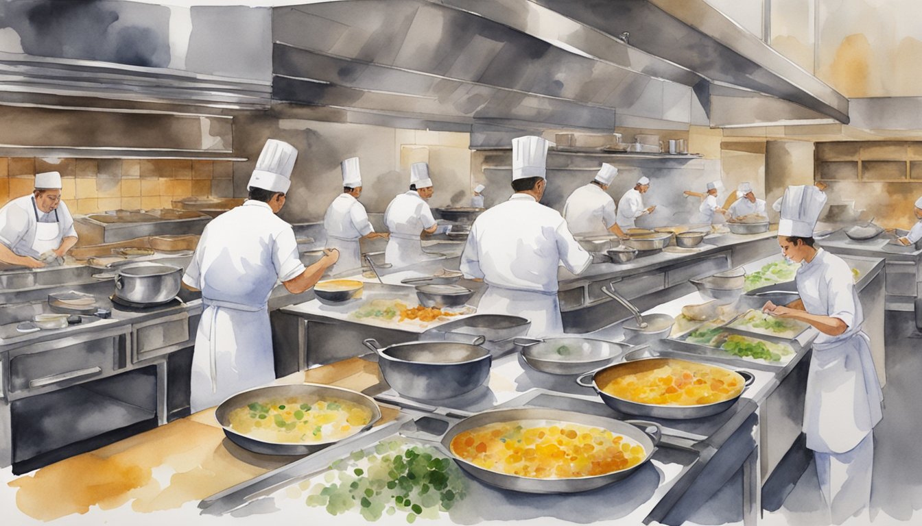 A bustling kitchen at the International Culinary Center, with chefs working at various stations, surrounded by the aroma of sizzling ingredients and the clinking of pots and pans