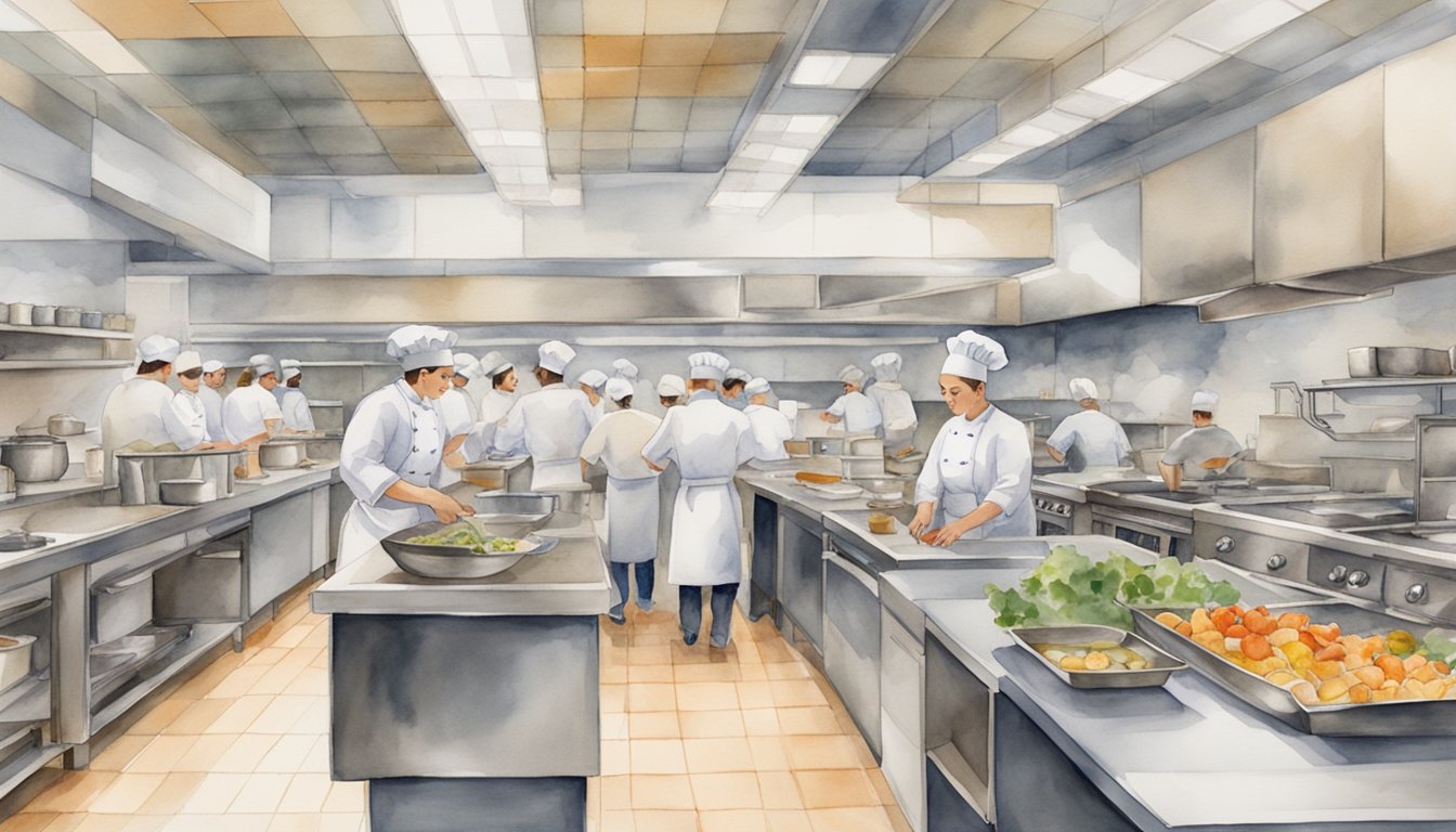 A bustling culinary school campus with students in chef hats and aprons, surrounded by professional kitchen equipment and bustling activity