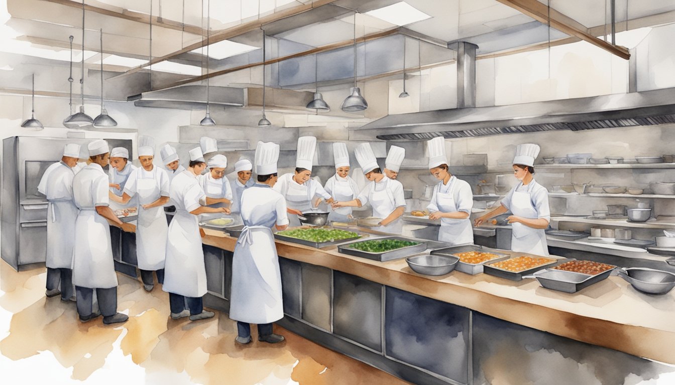 A bustling culinary school with modern facilities, professional kitchen equipment, and a diverse group of students engaged in hands-on cooking demonstrations and workshops