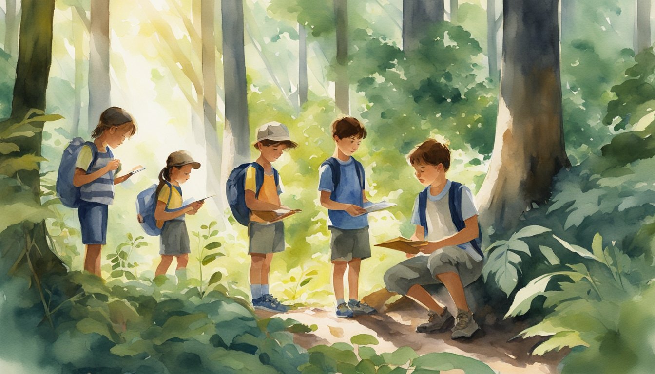 A group of young campers explore a lush forest, using scientific tools to study plants and animals.</p><p>The sun shines through the trees, casting dappled light on the forest floor