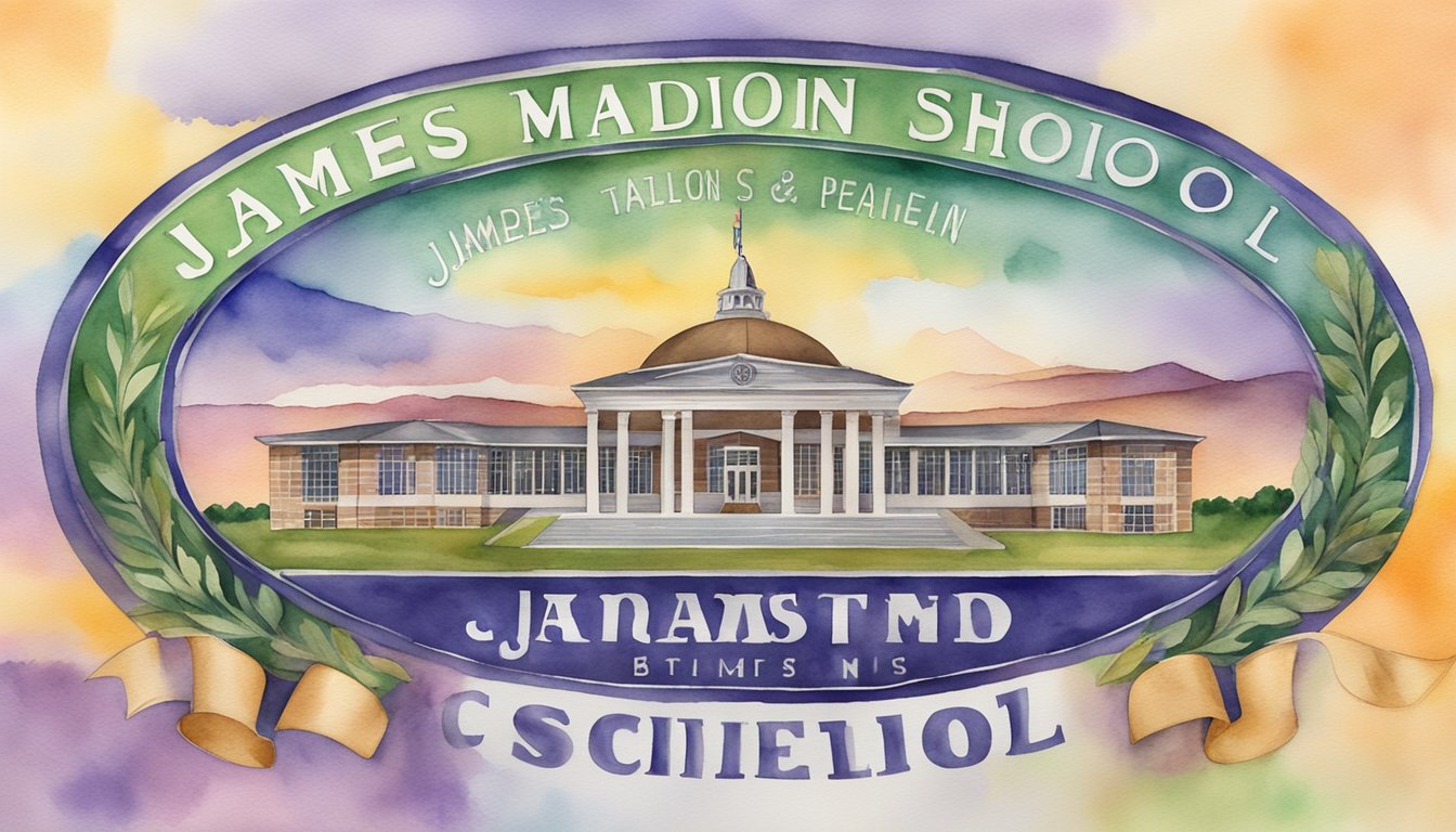 James Madison High School sign displayed with 9 accreditation badges for 2024