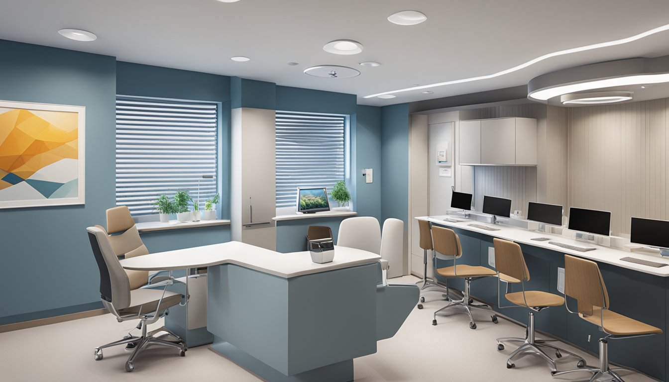 A modern, sleek medical office with the Harley Street Heart & Vascular Centre logo prominently displayed. State-of-the-art equipment and comfortable seating for patients