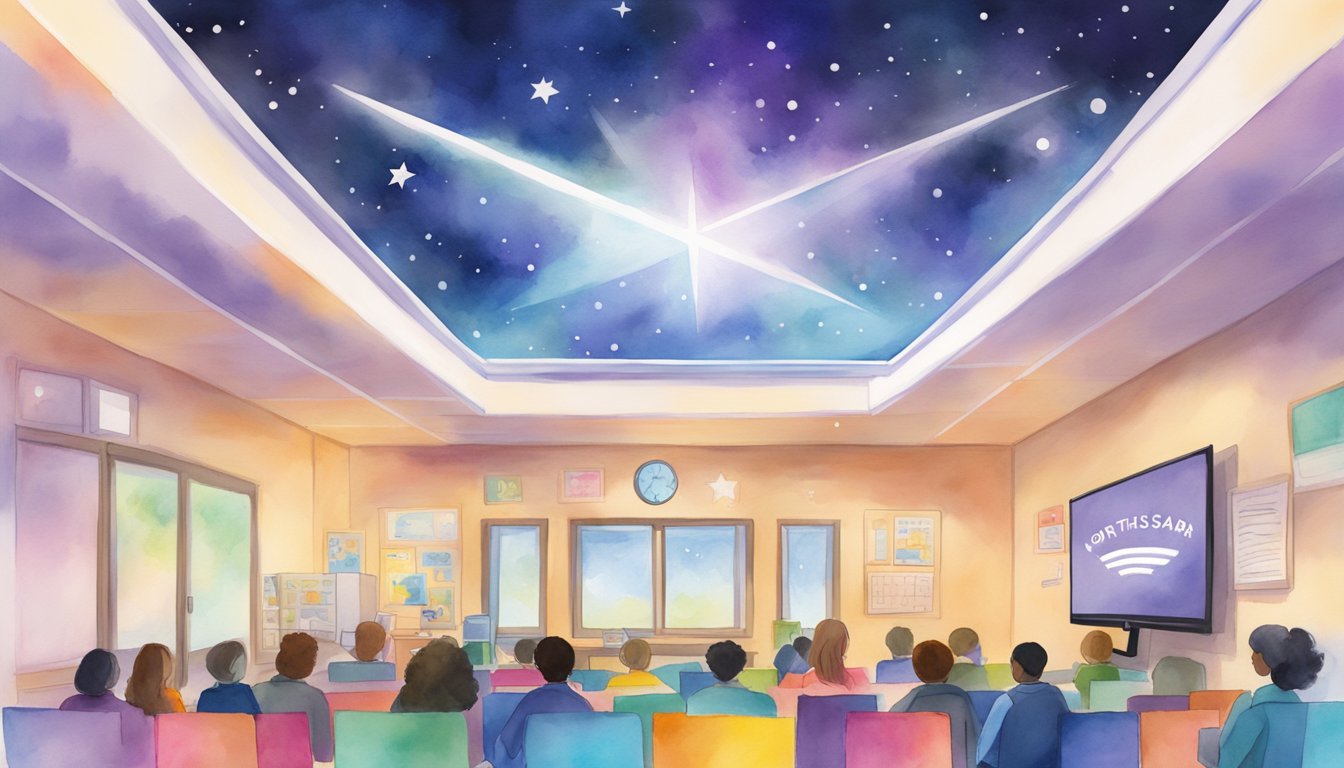 The NorthStar Academy logo shining brightly above a virtual classroom filled with engaged students and interactive learning materials for 2024