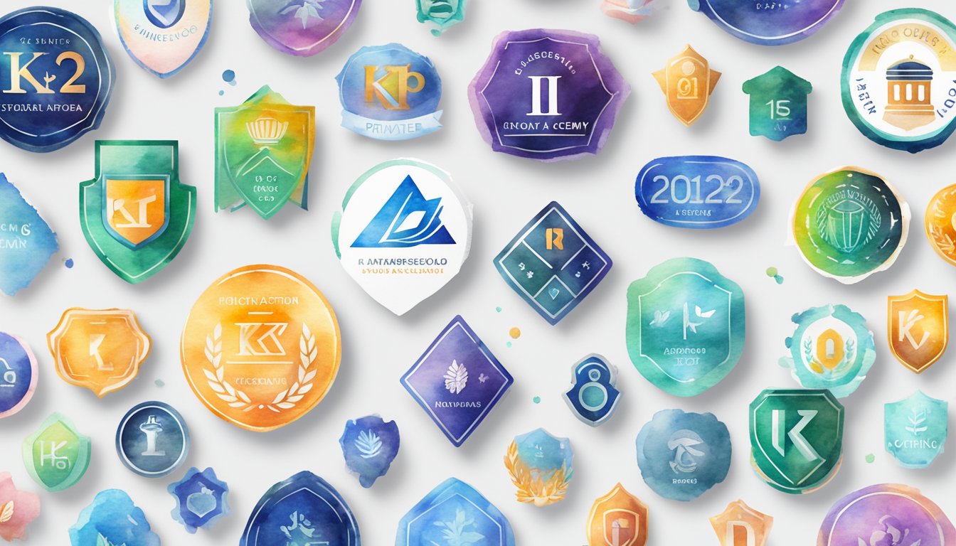 A modern, sleek K12 private academy logo surrounded by nine accredited online high school badges for 2024