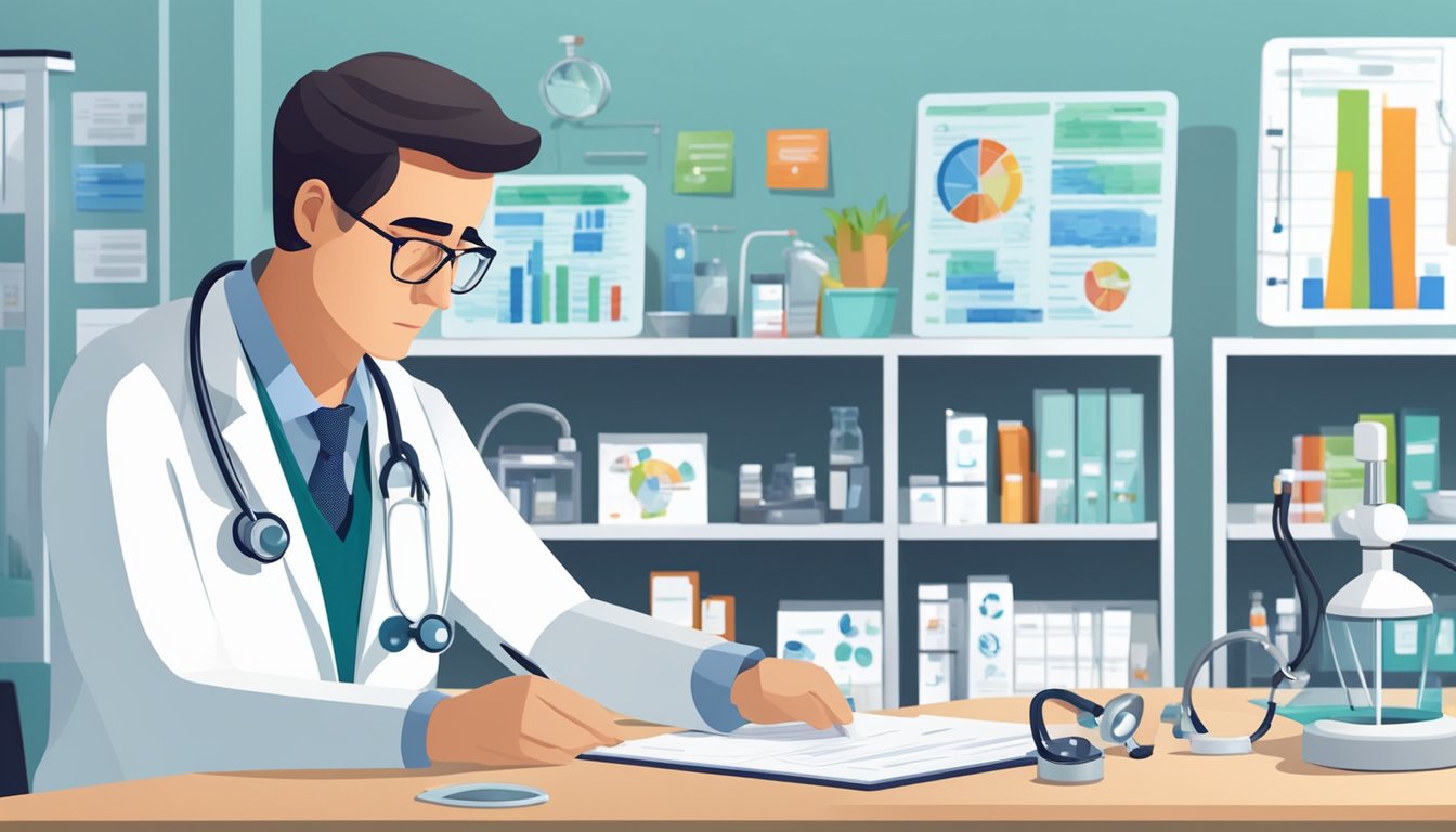 A doctor in a modern clinic, surrounded by medical equipment and charts, speaks to a patient with a concerned expression