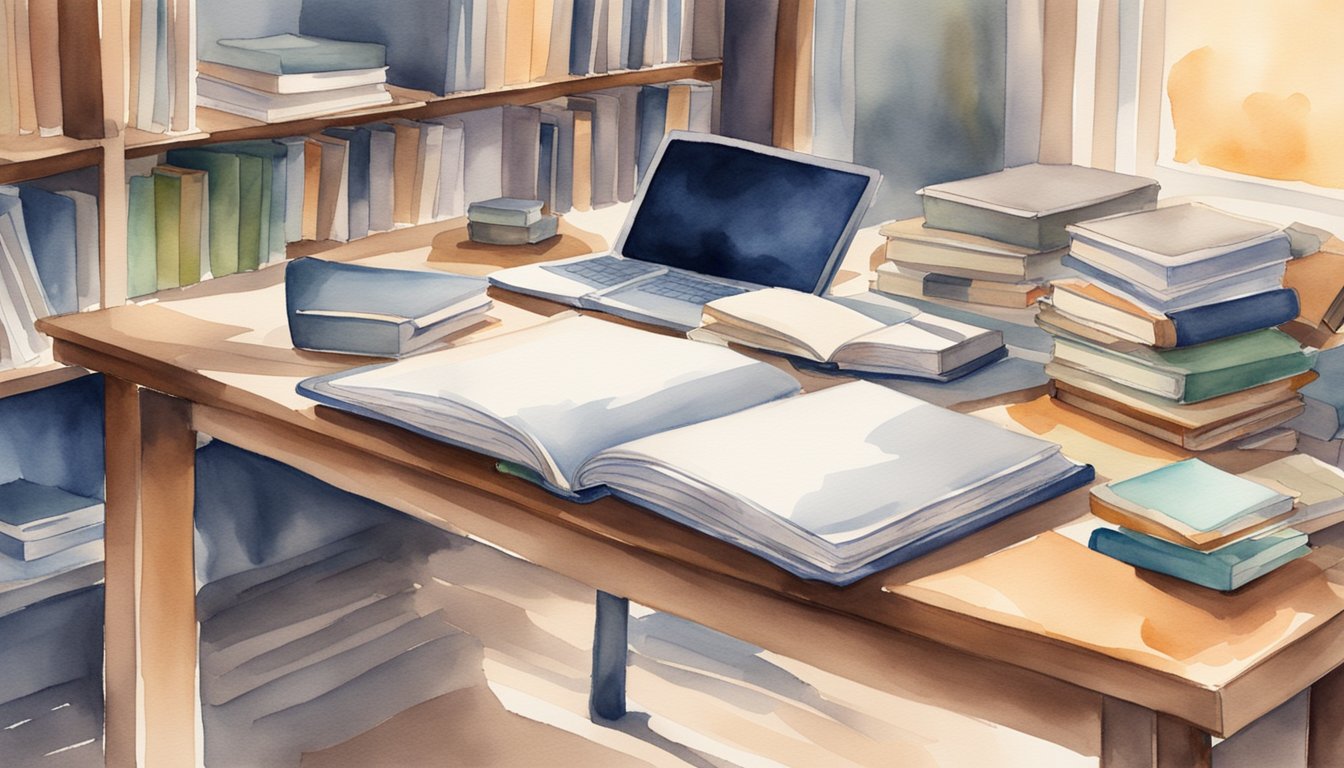 A desk with open books, a laptop, and study materials, surrounded by a peaceful and organized study environment