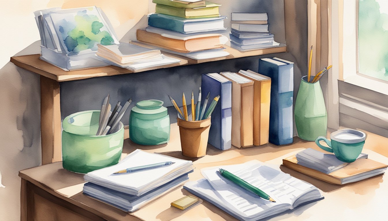 A desk with open GRE flashcards, a pen, and study tools scattered around.</p><p>A bookshelf filled with GRE prep books in the background