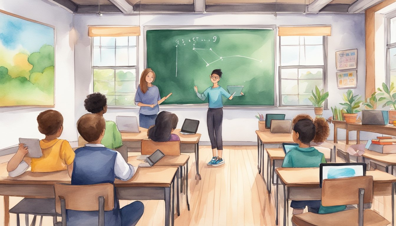 A classroom with a chalkboard displaying "SciShow 9 Best Educational YouTube Channels for Students" while students watch on laptops