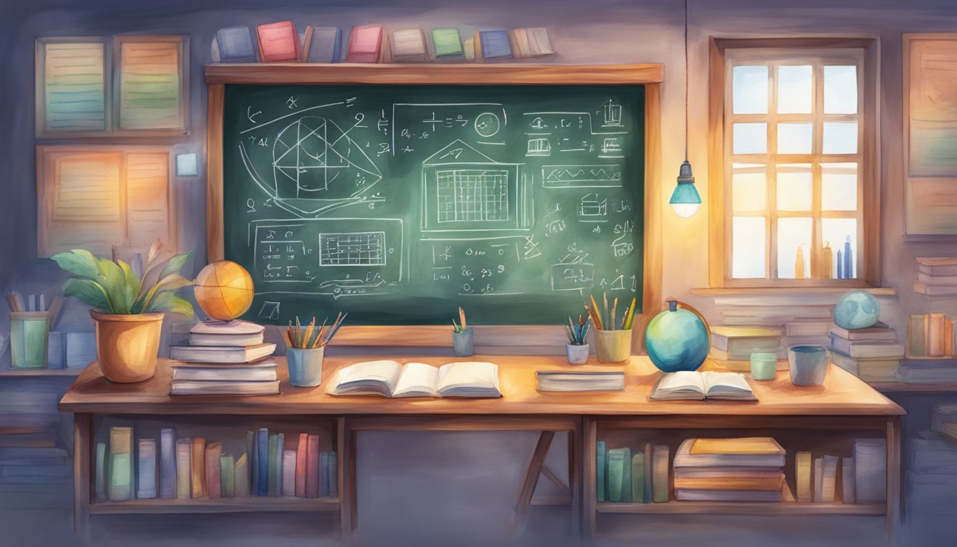 A colorful chalkboard with equations and diagrams, surrounded by books and educational props.</p><p>Bright lighting and a clean, organized workspace