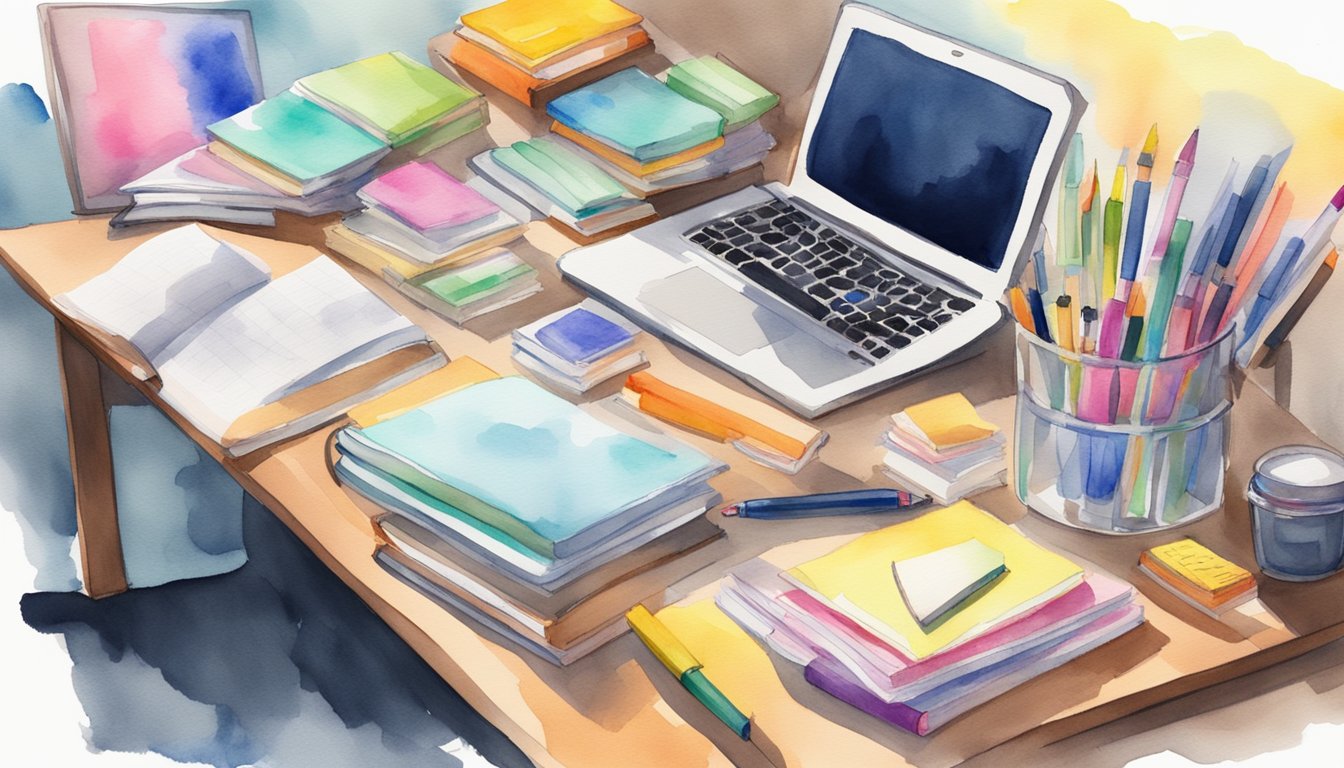 A desk with open books, flashcards, and a laptop.</p><p>Highlighters, pens, and sticky notes scattered around.</p><p>A timer set for focused study