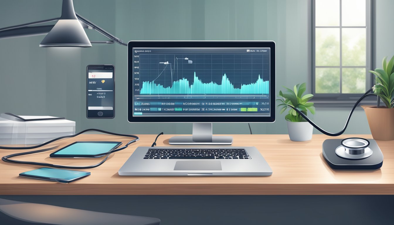 A stethoscope and a heart rate monitor on a desk in a modern cardiology clinic