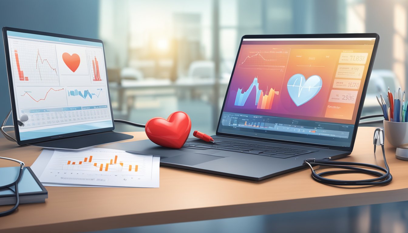 A stethoscope and a heart rate monitor on a desk, with a medical diploma and a computer screen displaying cardiology information