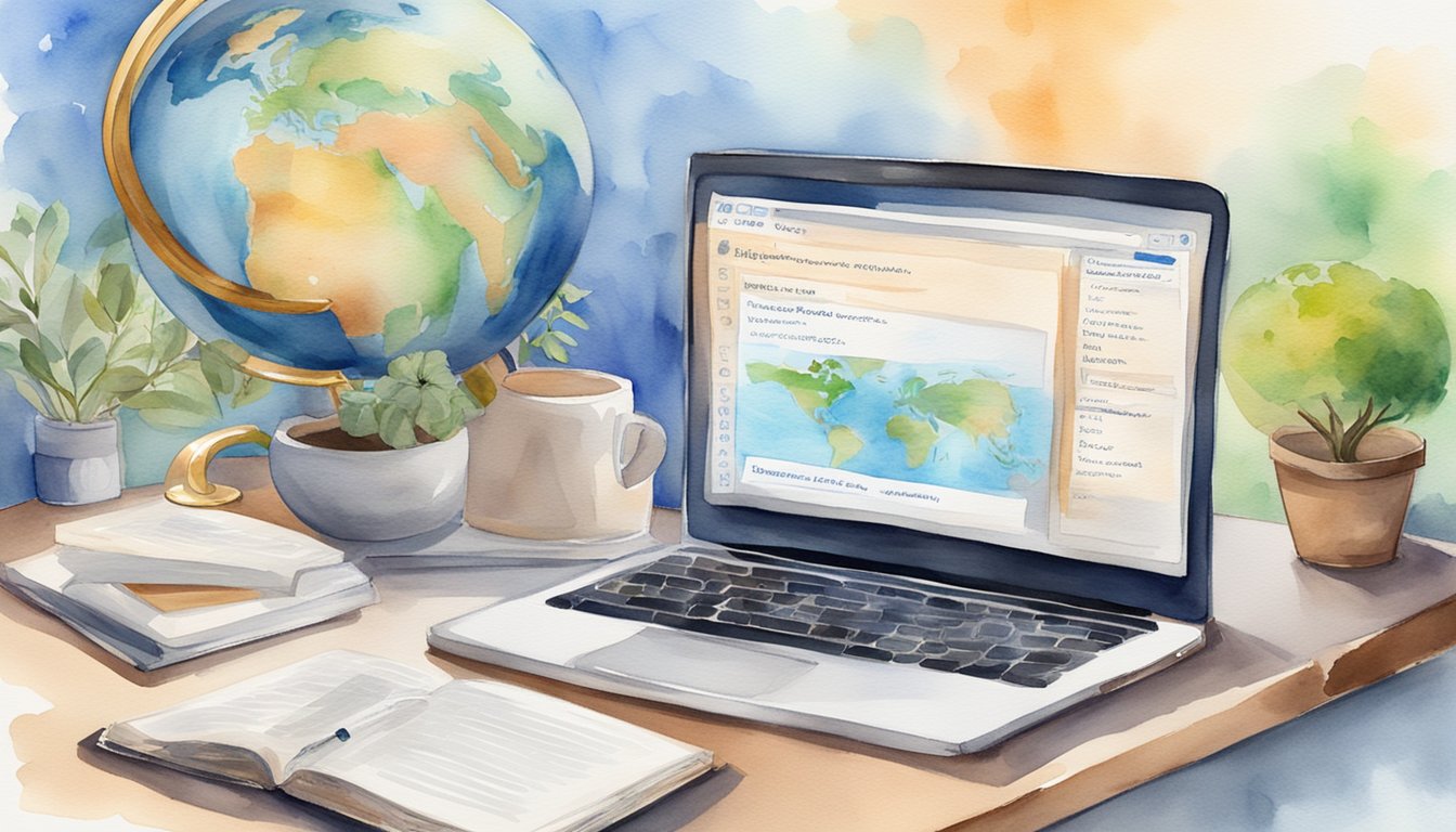 A laptop displaying 8 language exchange websites.</p><p>A notebook with language practice tips.</p><p>A globe and language dictionaries in the background