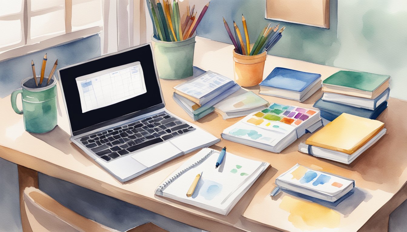 A desk with CFA study materials, including textbooks, flashcards, and practice exams, organized neatly with a laptop and notebook nearby