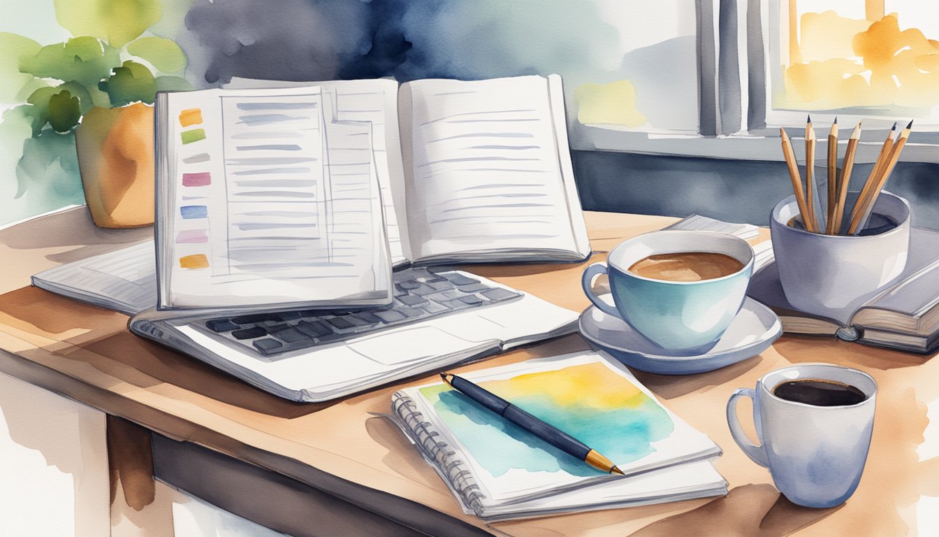 A desk with open books, a laptop, and study materials scattered around.</p><p>A cup of coffee sits beside a notepad with "AnalystPrep CFA Practice Questions" written on it