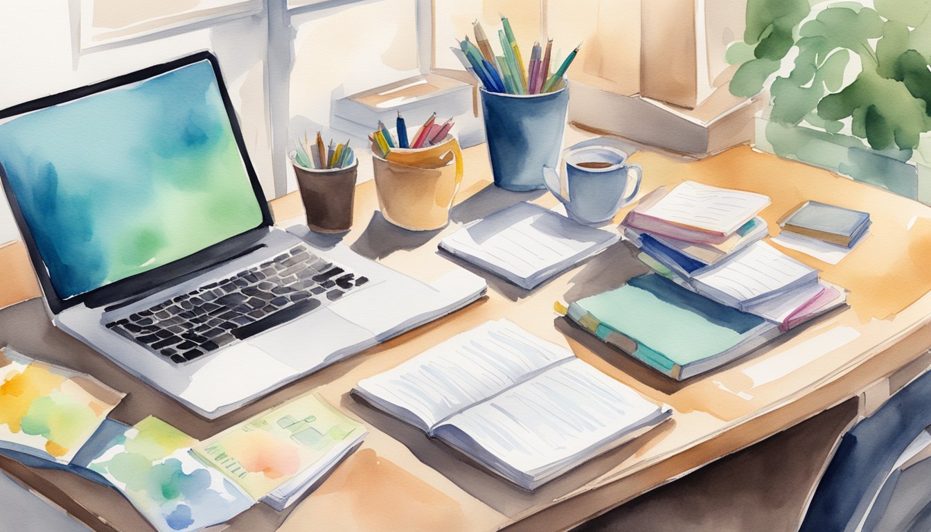 A desk with CFA study materials spread out, including textbooks, notes, and a laptop.</p><p>Coffee mug and highlighters nearby