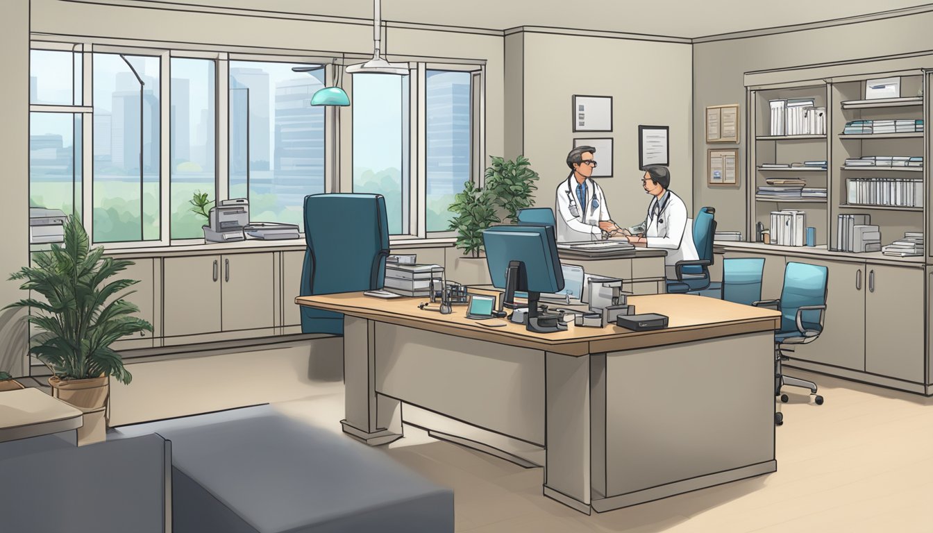 A doctor's office with a desk, computer, and medical equipment. A sign on the wall reads "Dr Michael Ross Macdonald - Michael Macdonald Cardiology | SG Cardiologist." The office is well-lit and organized