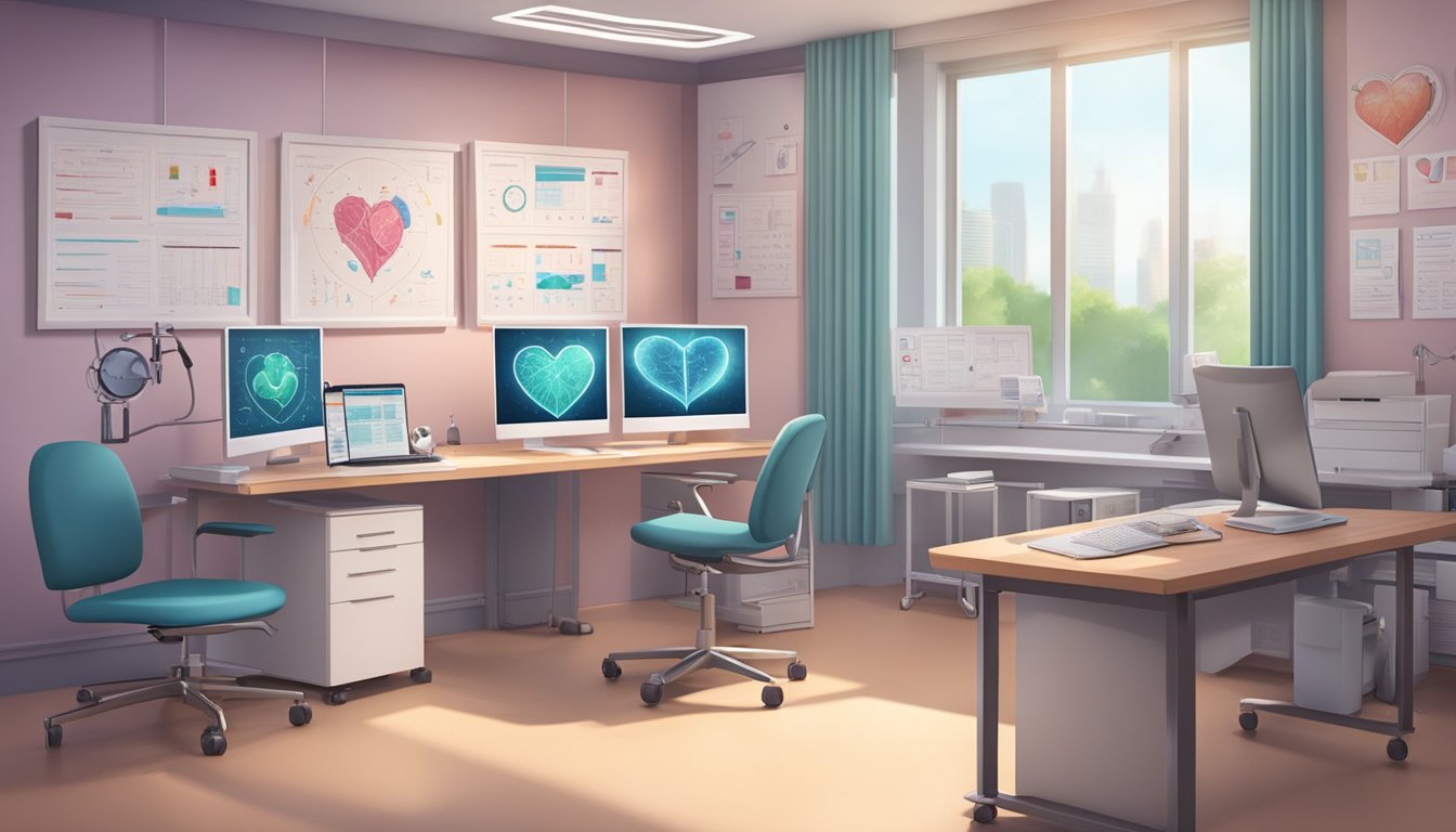 A cardiologist's office with a desk, computer, and medical equipment. The walls are adorned with heart diagrams and educational posters