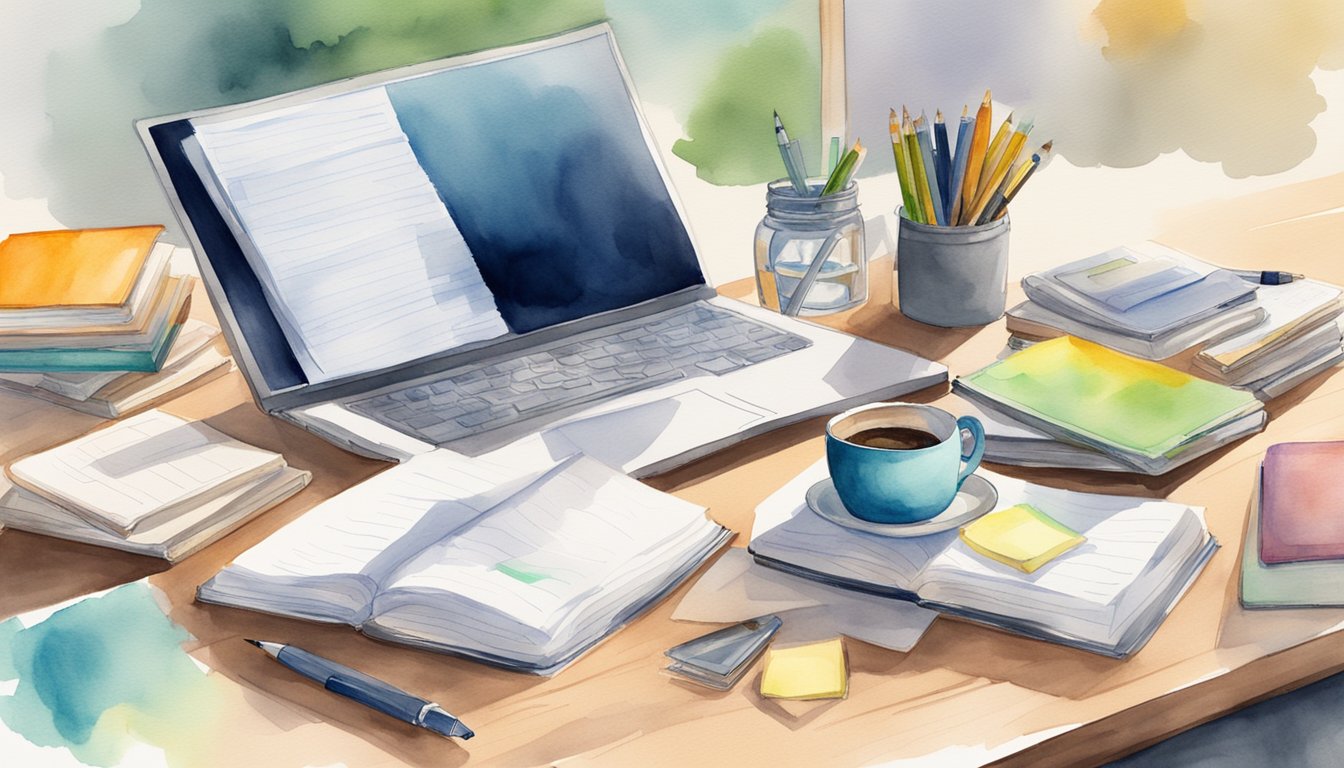 A desk with CFA study materials spread out, including textbooks, notes, flashcards, and a laptop.</p><p>A cup of coffee and a highlighter are also on the desk