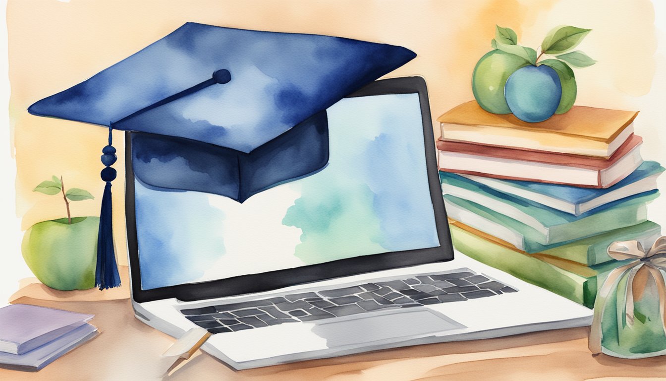 A laptop displaying "Southern New Hampshire University" and "8 Online Colleges That Offer Financial Aid" surrounded by books and a graduation cap