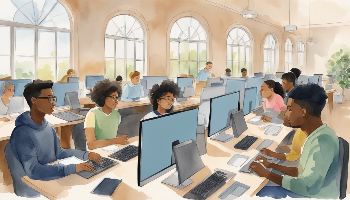 A diverse group of students sit in front of their computers, studying and engaging in online classes at Purdue University Global