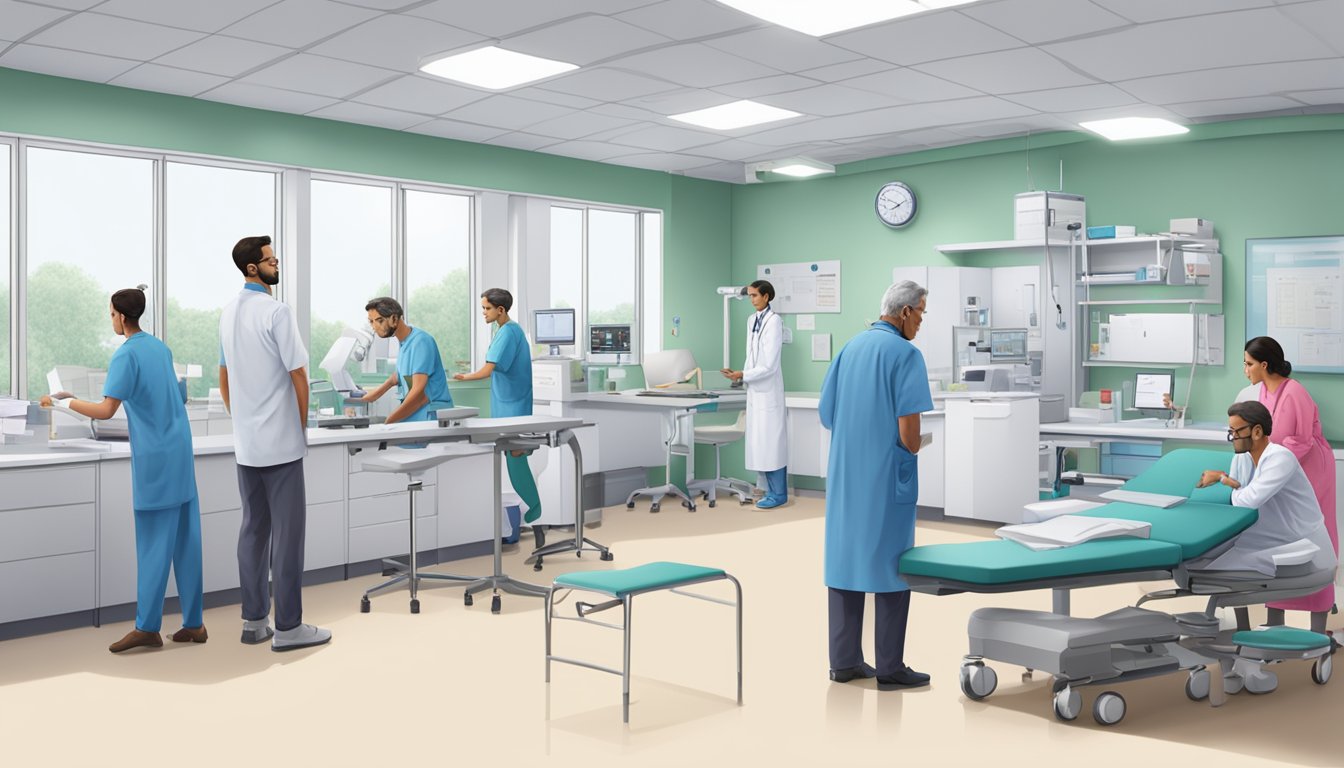 A bustling cardiology clinic at NHCS SKH, with patients waiting, doctors consulting, and medical equipment in use