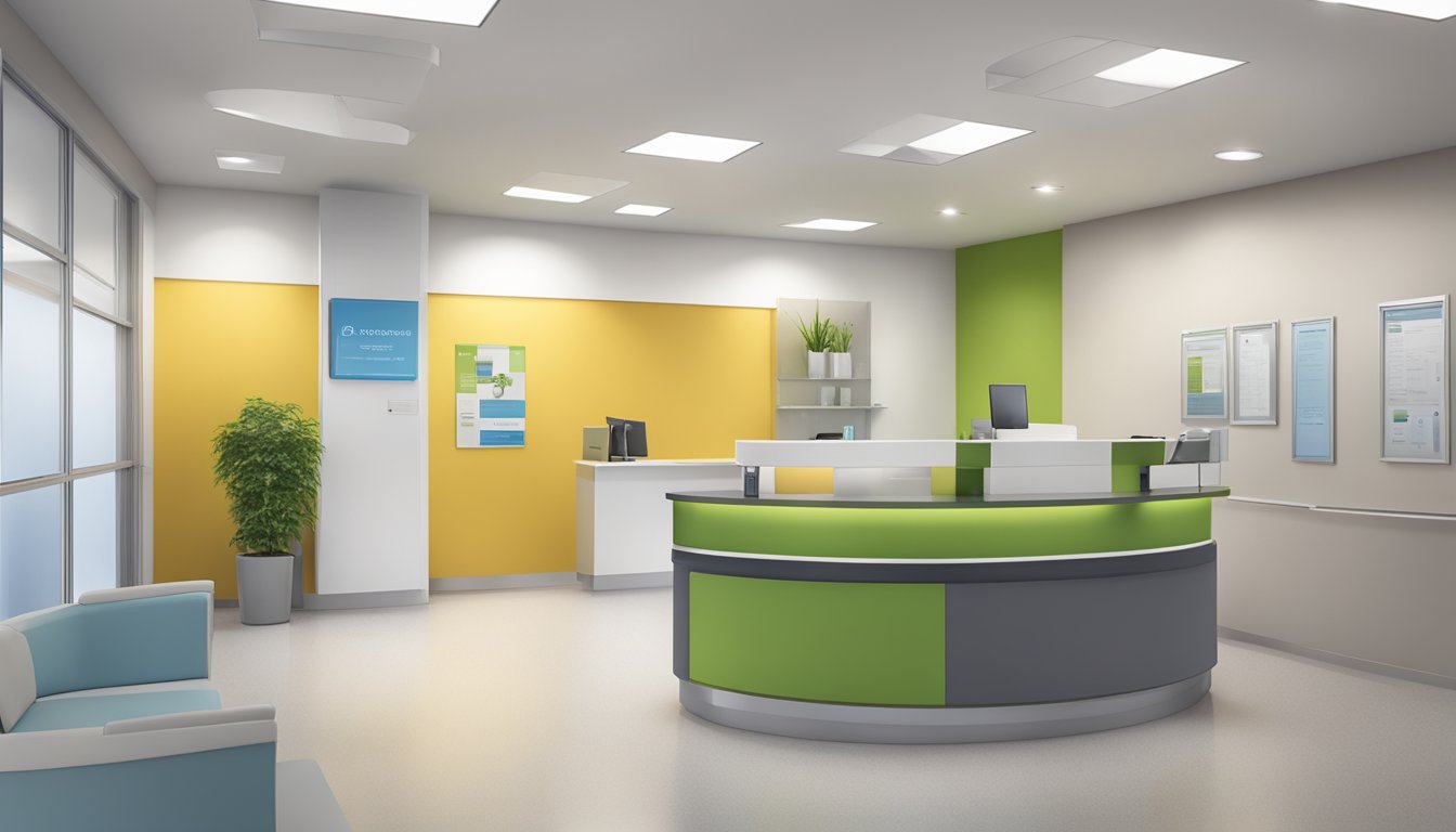 A modern clinic with NHCS Cardiology @ SKH signage, waiting area, and reception desk