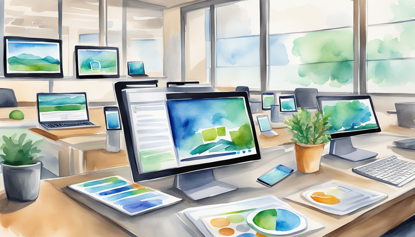 An office setting with computers, tablets, and mobile devices displaying the Adobe Captivate Prime 9 E-Learning Solutions for Businesses interface