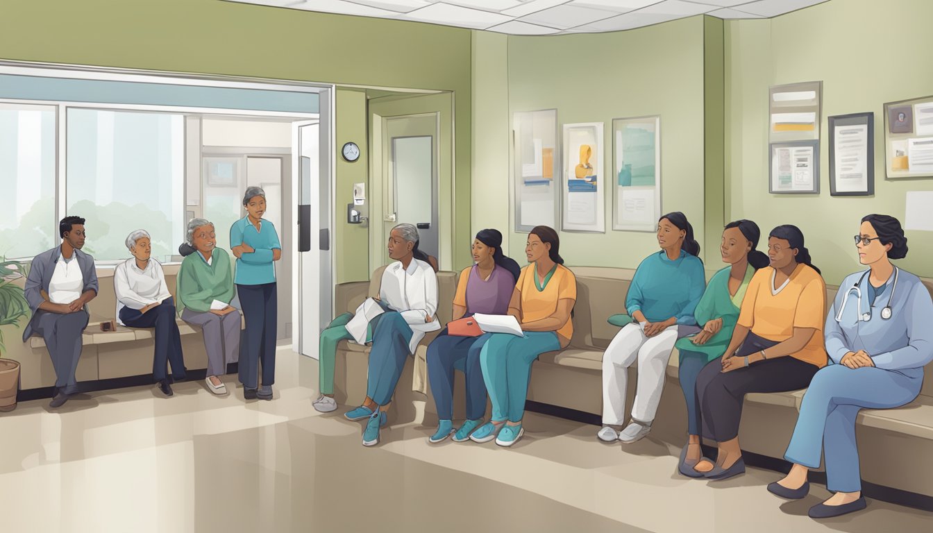 A crowded waiting room at NHCS Cardiology Clinic, with patients sitting and waiting to be called in for their appointments. The reception desk is busy with staff checking in patients and answering phones