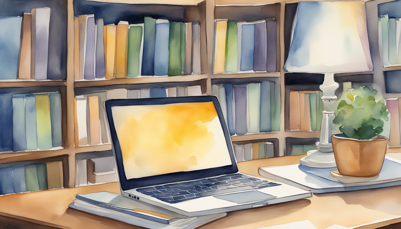 A laptop displaying "Southern New Hampshire University 9 Online College Programs for Career Changers" surrounded by books and a desk lamp