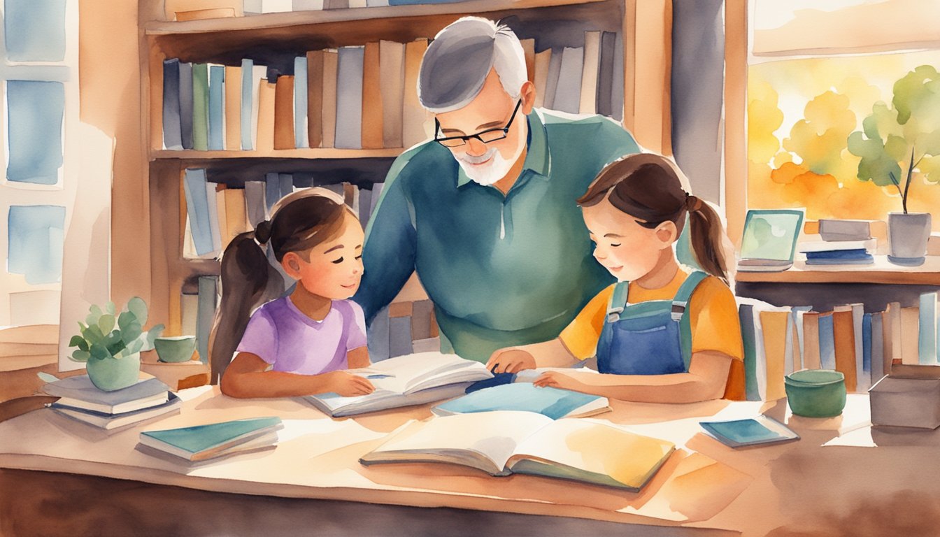 A parent and child sit together at a computer, engaged in online courses.</p><p>The room is filled with books, educational materials, and a warm, inviting atmosphere