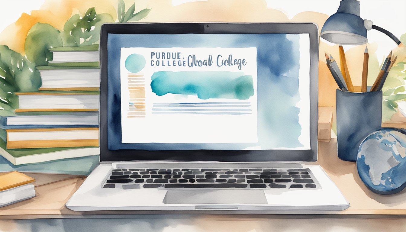 A laptop displaying Purdue University Global's online college programs for career changers, surrounded by relevant books and study materials