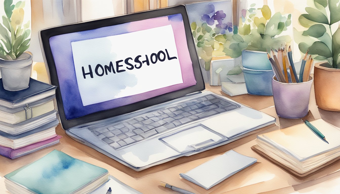 A laptop surrounded by books and a notepad, with a list of online courses for homeschool parents displayed on the screen