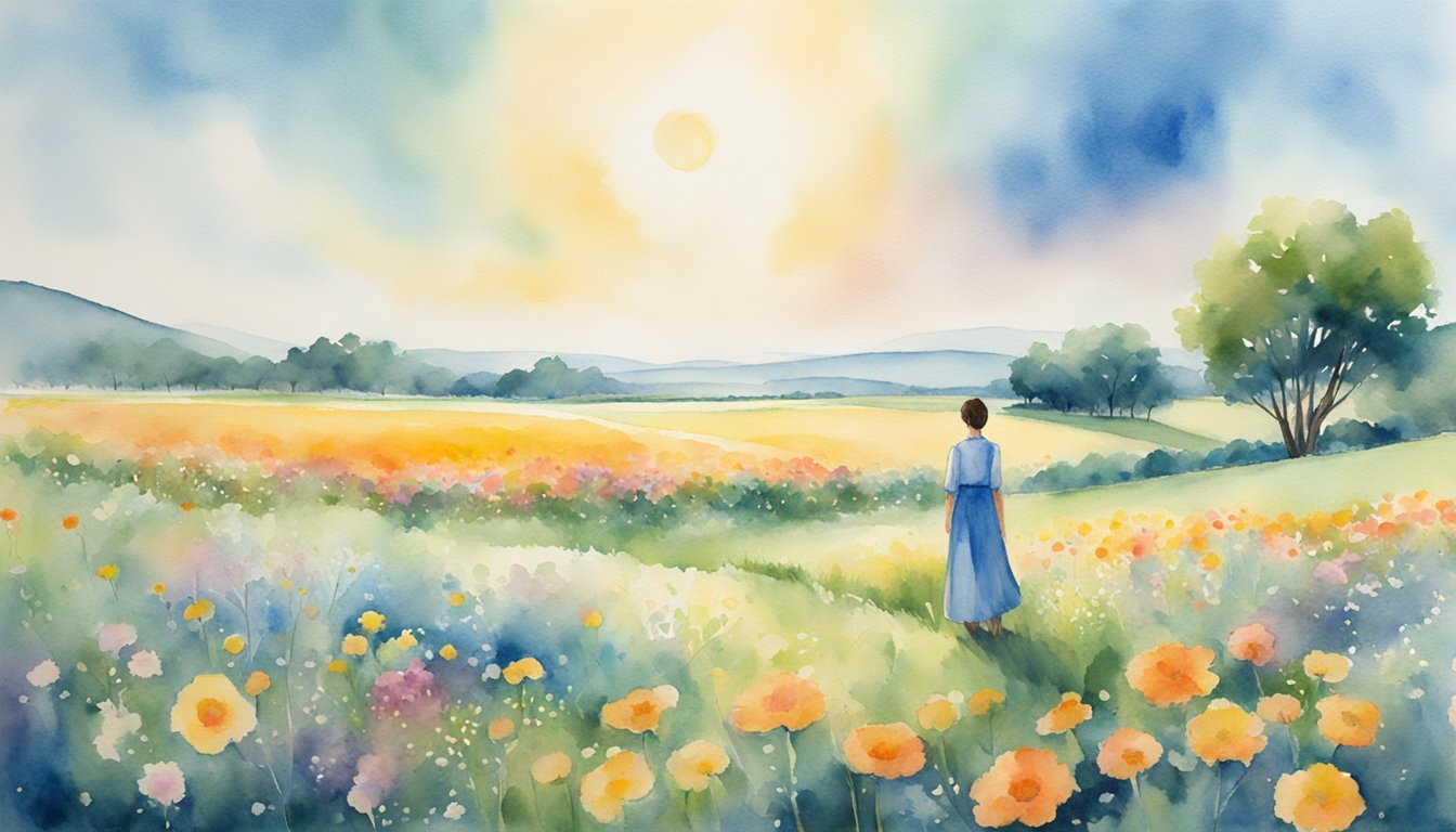 A serene, open field with vibrant flowers and a clear blue sky.</p><p>A figure stands at the center, surrounded by a glowing aura, radiating peace and tranquility