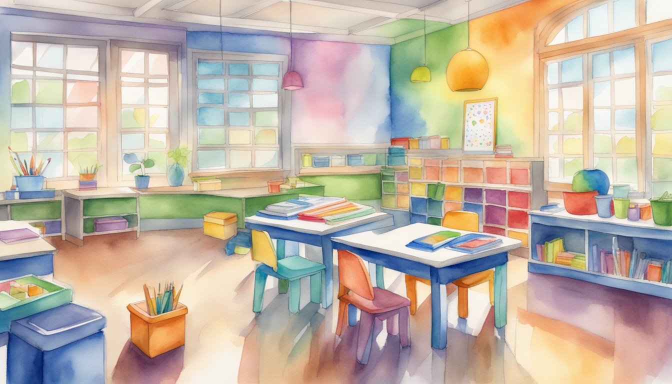 A colorful classroom with diverse learning materials and accessible tools for special needs students