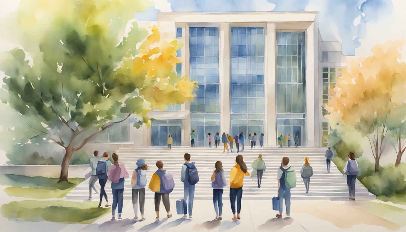 A group of students and a tour guide standing in front of a business school building.</p><p>The guide is pointing to a list of "9 Questions to Ask" on a large poster board