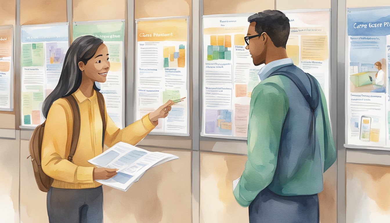 A school representative discusses career placement with a student.</p><p>Brochures and flyers about job opportunities are displayed on a bulletin board