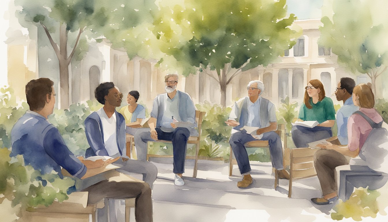 Faculty members engage with students in the courtyard, discussing class material.</p><p>A group of students surrounds a professor, asking questions and receiving guidance