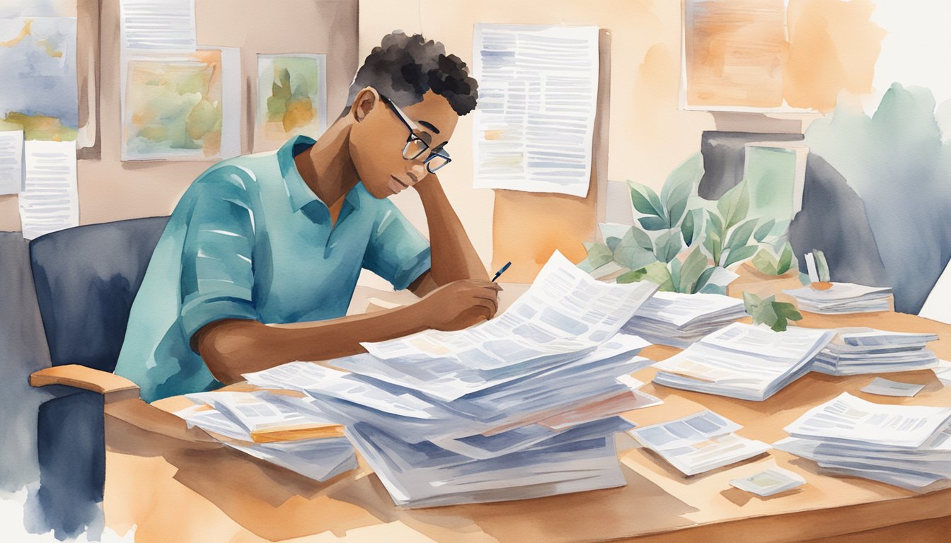 A person sitting at a desk with a list of 9 questions about financial aid options, surrounded by brochures and information packets from different business schools