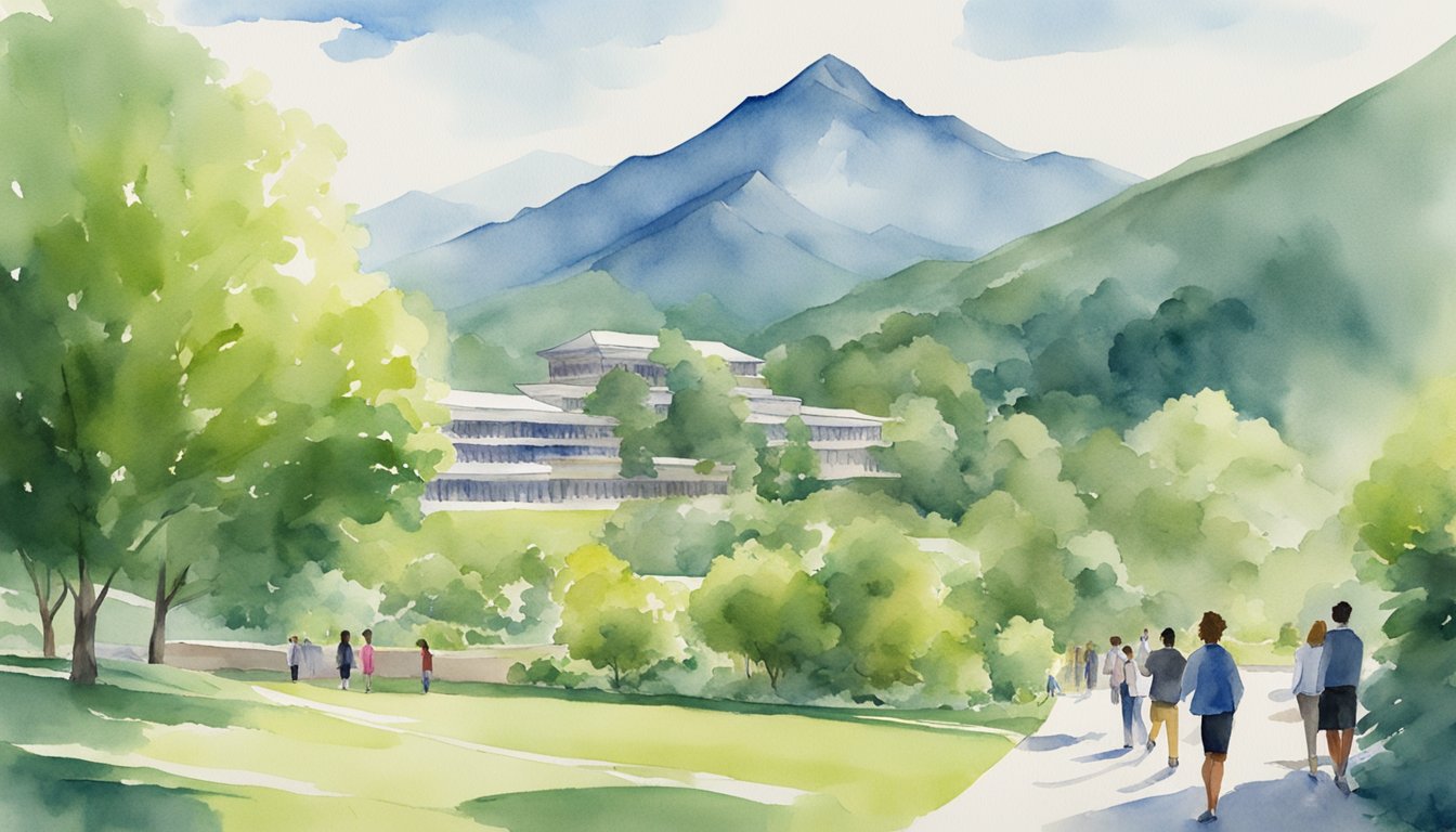 Lush green landscape with a mountain backdrop, a clear blue sky, and a group of international students studying and interacting in a university setting