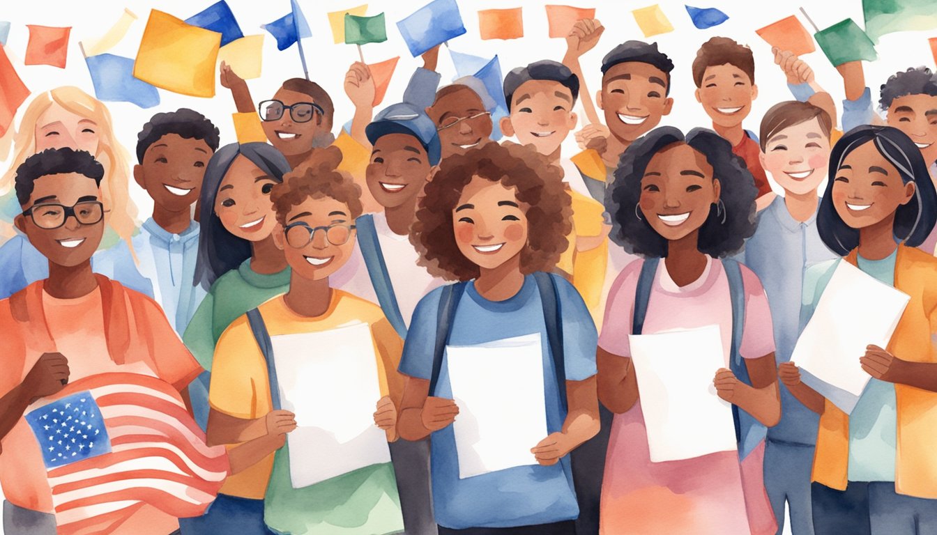 A group of diverse students from around the world, holding their acceptance letters and smiling with excitement, surrounded by the flags of their home countries