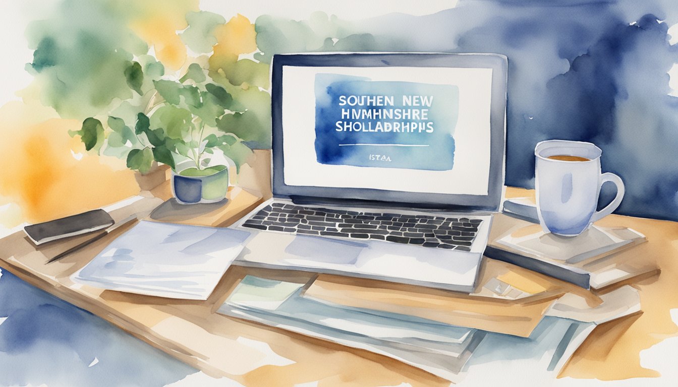 A computer screen displaying "Southern New Hampshire University Scholarships" with 9 scholarship options for online college students