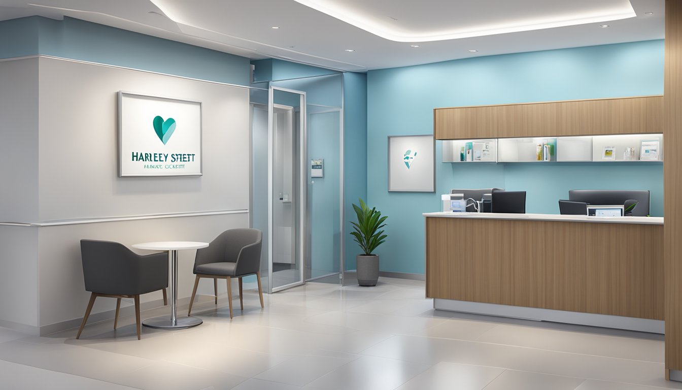 A modern and sleek medical office with the Harley Street Heart & Vascular Centre logo prominently displayed. Clean and professional atmosphere with state-of-the-art equipment