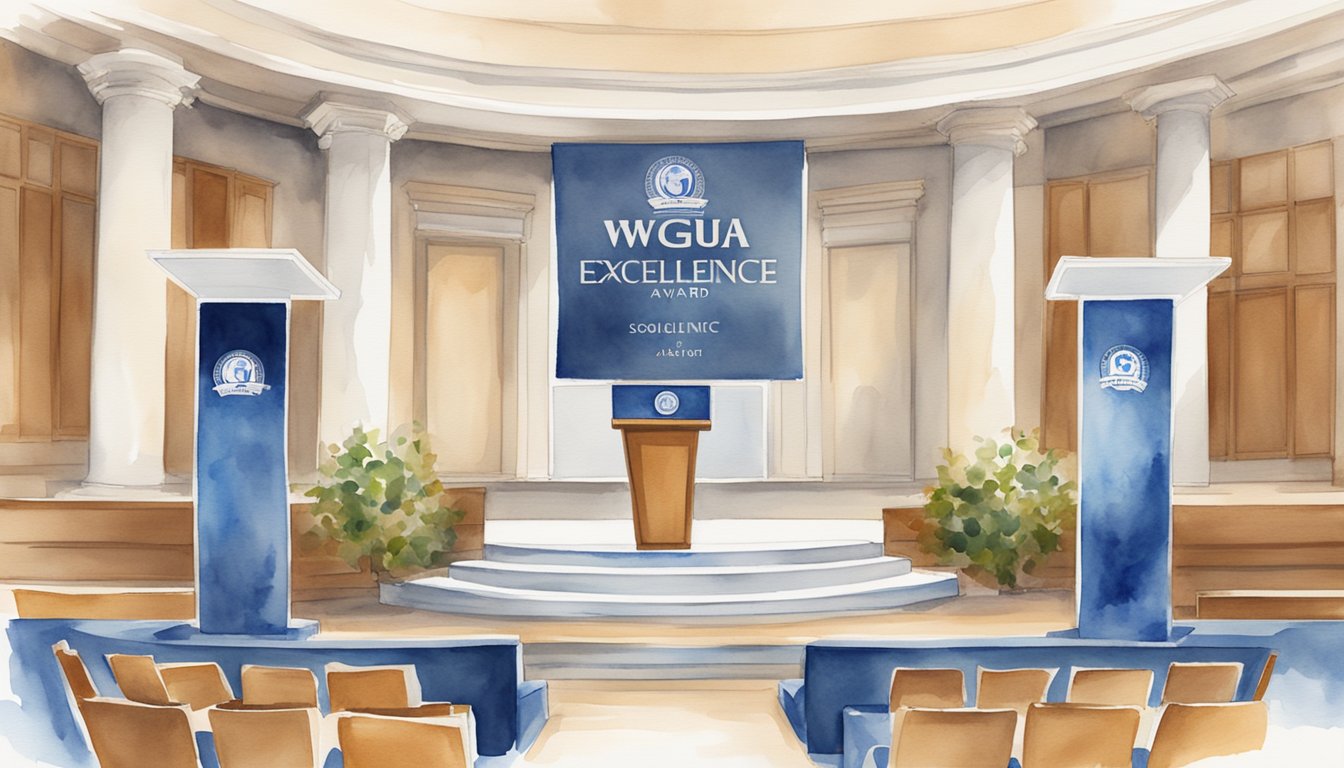 A podium with the WGU Excellence Award logo, surrounded by 9 scholarship certificates for online college students